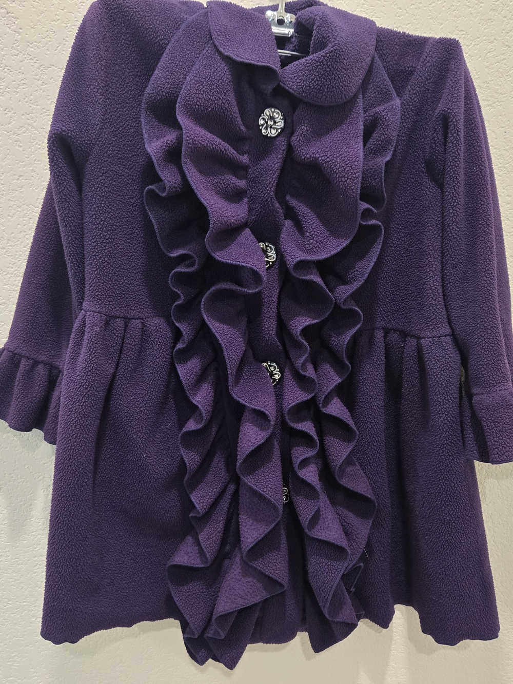 Girls' Purple Ruffle-Front Pea Coat